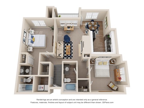 Floor plan for 2 beds, 2 baths, 1197 sqft